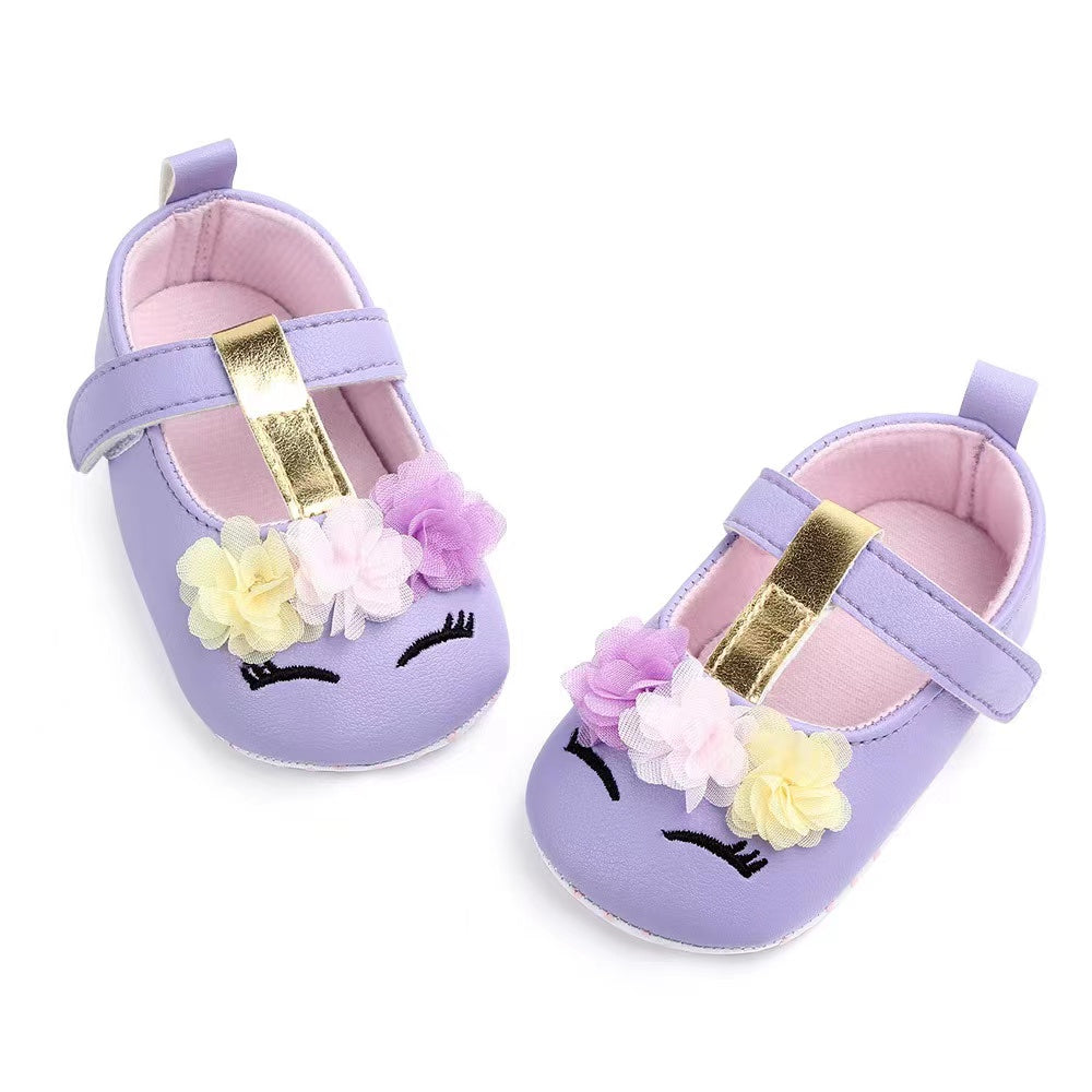 Adorable Baby Girls Cartoon Unicorn Crib Shoes - Flexible Fabric Sole, Hook-and-Loop Fastener, Mesh Flower Embellishment, Breathable for Spring and Autumn Walking