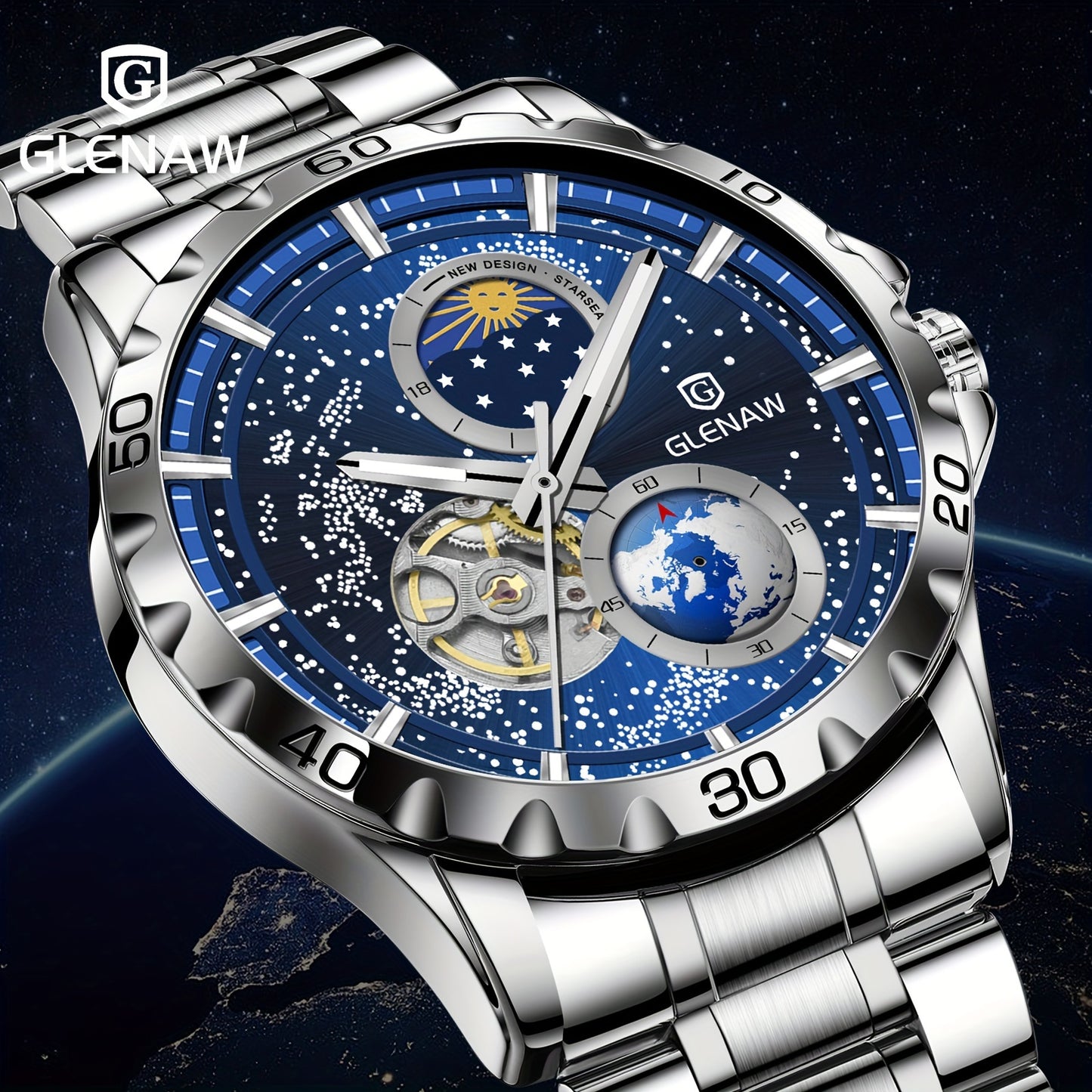 Automatic Watches for Men, Rotating Earth Multifunctional Men's Mechanical Watch Starry Sky Dial Steel Band Stopwatch Sun Moon Stars Automatic Men's Watch