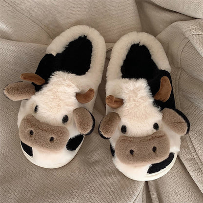Adorable Cartoon Cow Plush Slippers for Women - Cozy Fabric Upper & PVC Sole, Soft Indoor Footwear with Fluffy White Trim, Cute Slippers