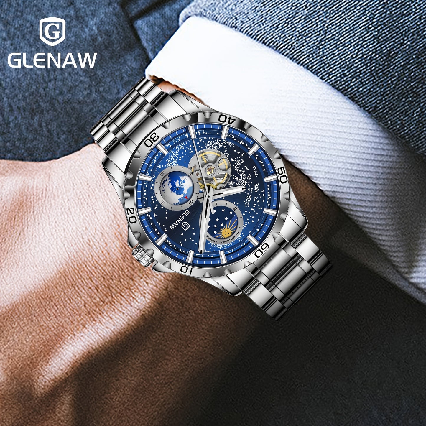 Automatic Watches for Men, Rotating Earth Multifunctional Men's Mechanical Watch Starry Sky Dial Steel Band Stopwatch Sun Moon Stars Automatic Men's Watch