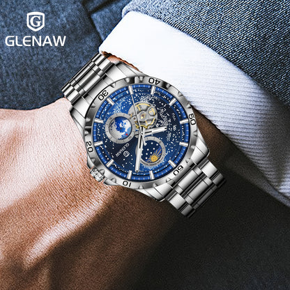 Automatic Watches for Men, Rotating Earth Multifunctional Men's Mechanical Watch Starry Sky Dial Steel Band Stopwatch Sun Moon Stars Automatic Men's Watch