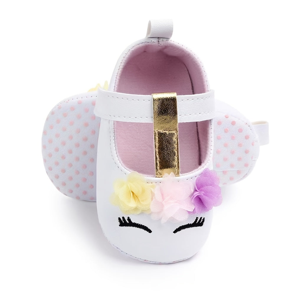 Adorable Baby Girls Cartoon Unicorn Crib Shoes - Flexible Fabric Sole, Hook-and-Loop Fastener, Mesh Flower Embellishment, Breathable for Spring and Autumn Walking