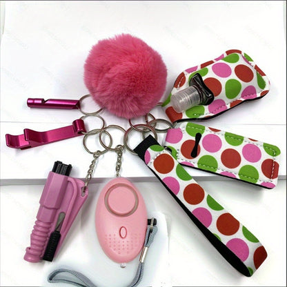 Women's Accessory Kit with Wristlet Pom Pom, Carabiners - 10-Piece Set, Battery Powered Personal Safety Alarm, Aluminum Alloy Hand Sanitizer Holder, Polyester Pouch