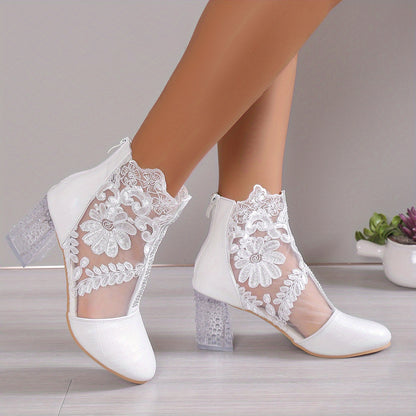 Women's Floral Print Lace Ankle Boots, Back Zipper Square High Heel Shoes, Round Toe Shoes