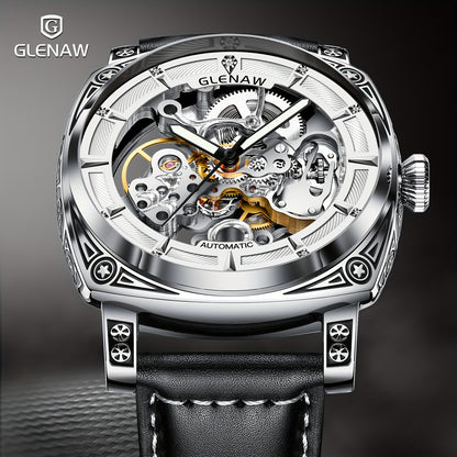 Carved Automatic Watches for Men, Retro Tattoo Skeleton Self-Winding Mechanical Watch Men's Automatic - 3 ATM Waterproof, Luminous Hands, Skeleton Dial, Ideal for Everyday Wear and Formal Occasions