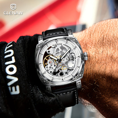 Carved Automatic Watches for Men, Retro Tattoo Skeleton Self-Winding Mechanical Watch Men's Automatic - 3 ATM Waterproof, Luminous Hands, Skeleton Dial, Ideal for Everyday Wear and Formal Occasions