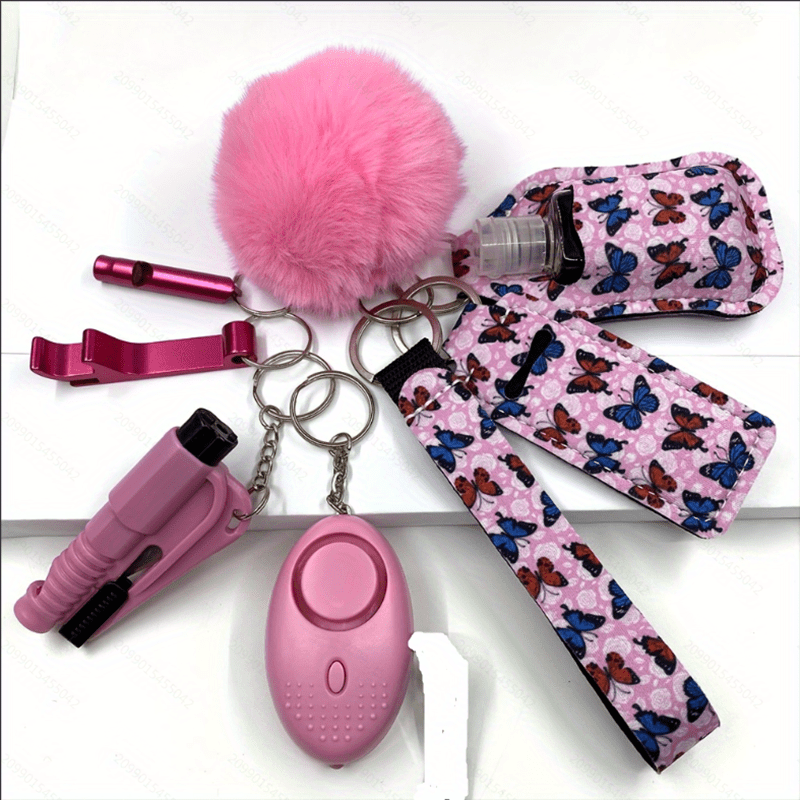 Women's Accessory Kit with Wristlet Pom Pom, Carabiners - 10-Piece Set, Battery Powered Personal Safety Alarm, Aluminum Alloy Hand Sanitizer Holder, Polyester Pouch