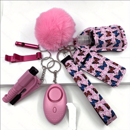Women's Accessory Kit with Wristlet Pom Pom, Carabiners - 10-Piece Set, Battery Powered Personal Safety Alarm, Aluminum Alloy Hand Sanitizer Holder, Polyester Pouch