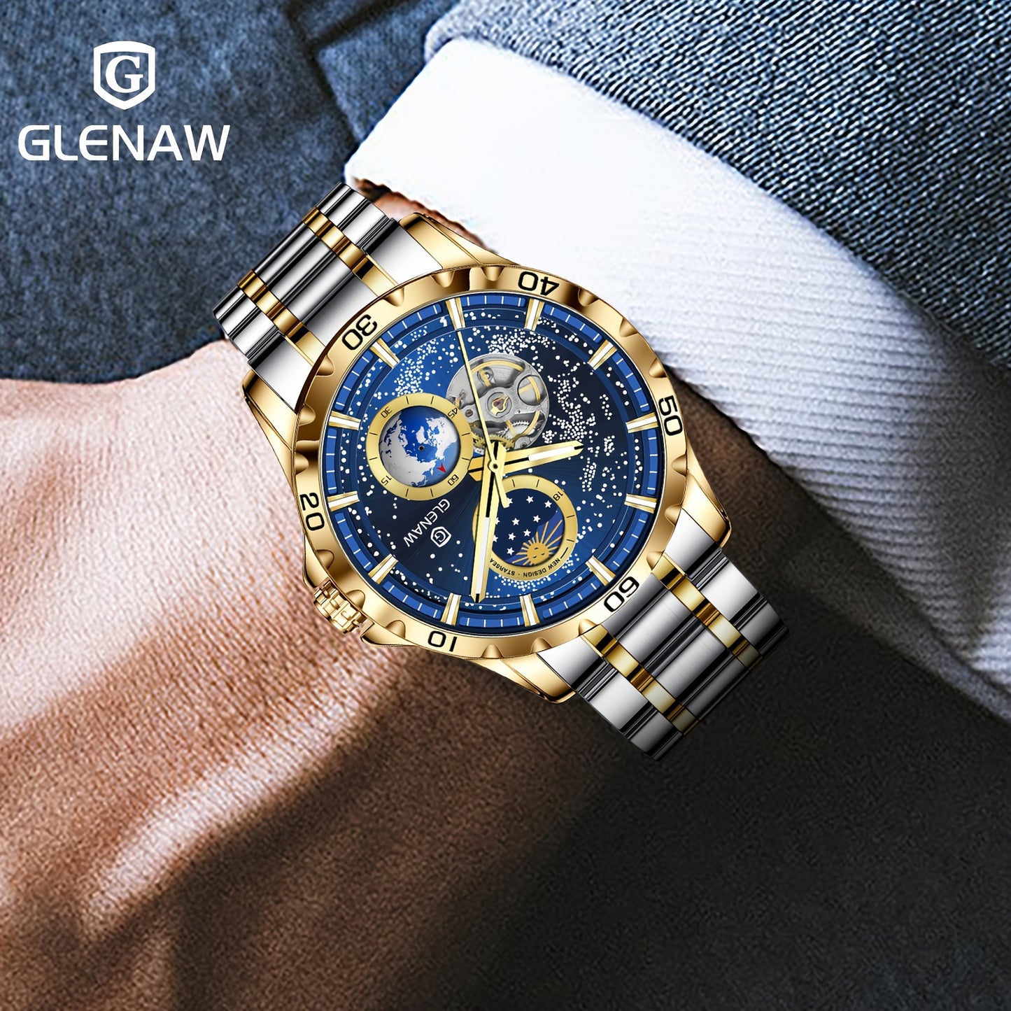 Automatic Watches for Men, Rotating Earth Multifunctional Men's Mechanical Watch Starry Sky Dial Steel Band Stopwatch Sun Moon Stars Automatic Men's Watch