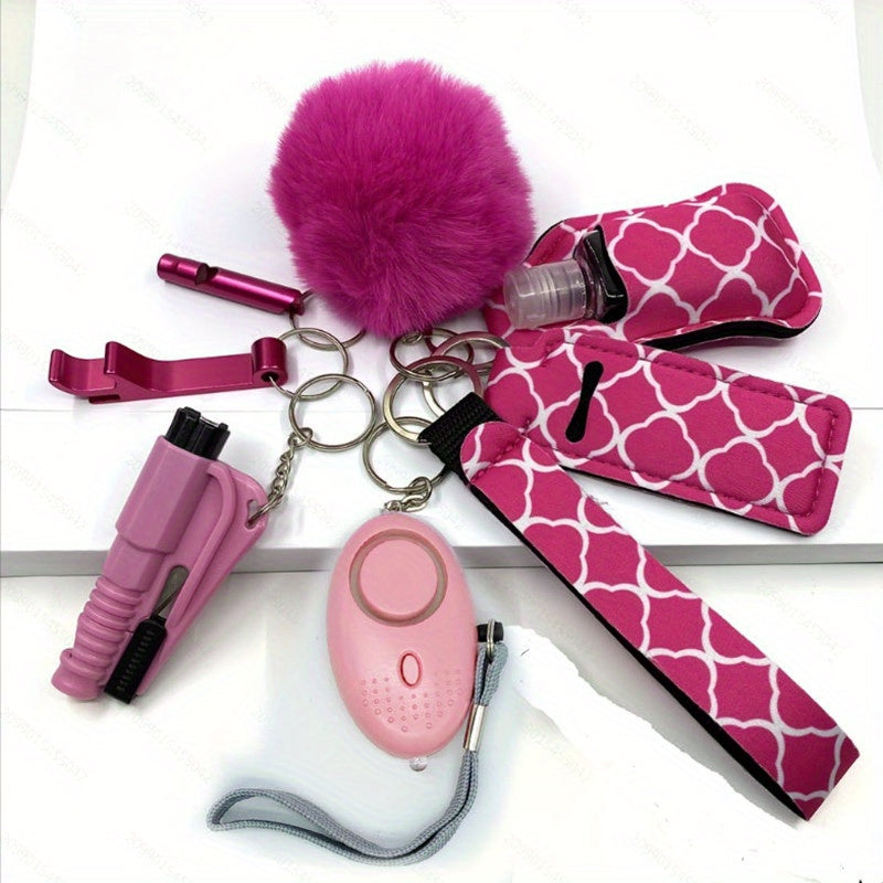 Women's Accessory Kit with Wristlet Pom Pom, Carabiners - 10-Piece Set, Battery Powered Personal Safety Alarm, Aluminum Alloy Hand Sanitizer Holder, Polyester Pouch