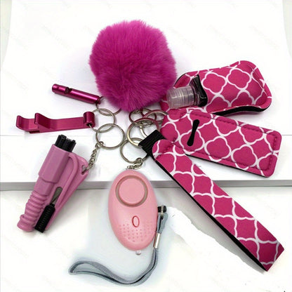Women's Accessory Kit with Wristlet Pom Pom, Carabiners - 10-Piece Set, Battery Powered Personal Safety Alarm, Aluminum Alloy Hand Sanitizer Holder, Polyester Pouch