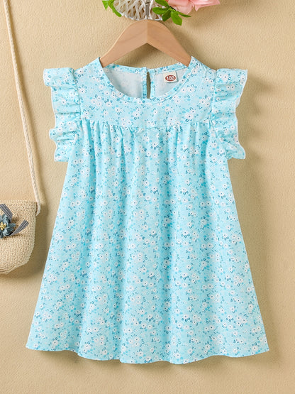 Girls' Summer Floral Princess Sundress - Sleeveless, Easy-Care, Elegant Crew Neck with Flared Hem