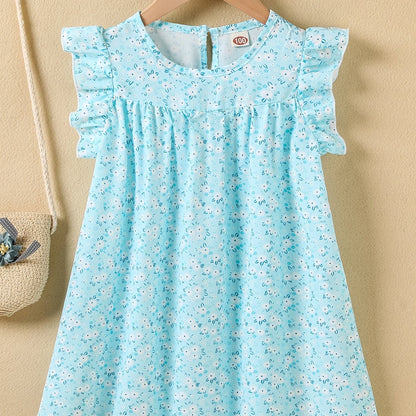 Girls' Summer Floral Princess Sundress - Sleeveless, Easy-Care, Elegant Crew Neck with Flared Hem