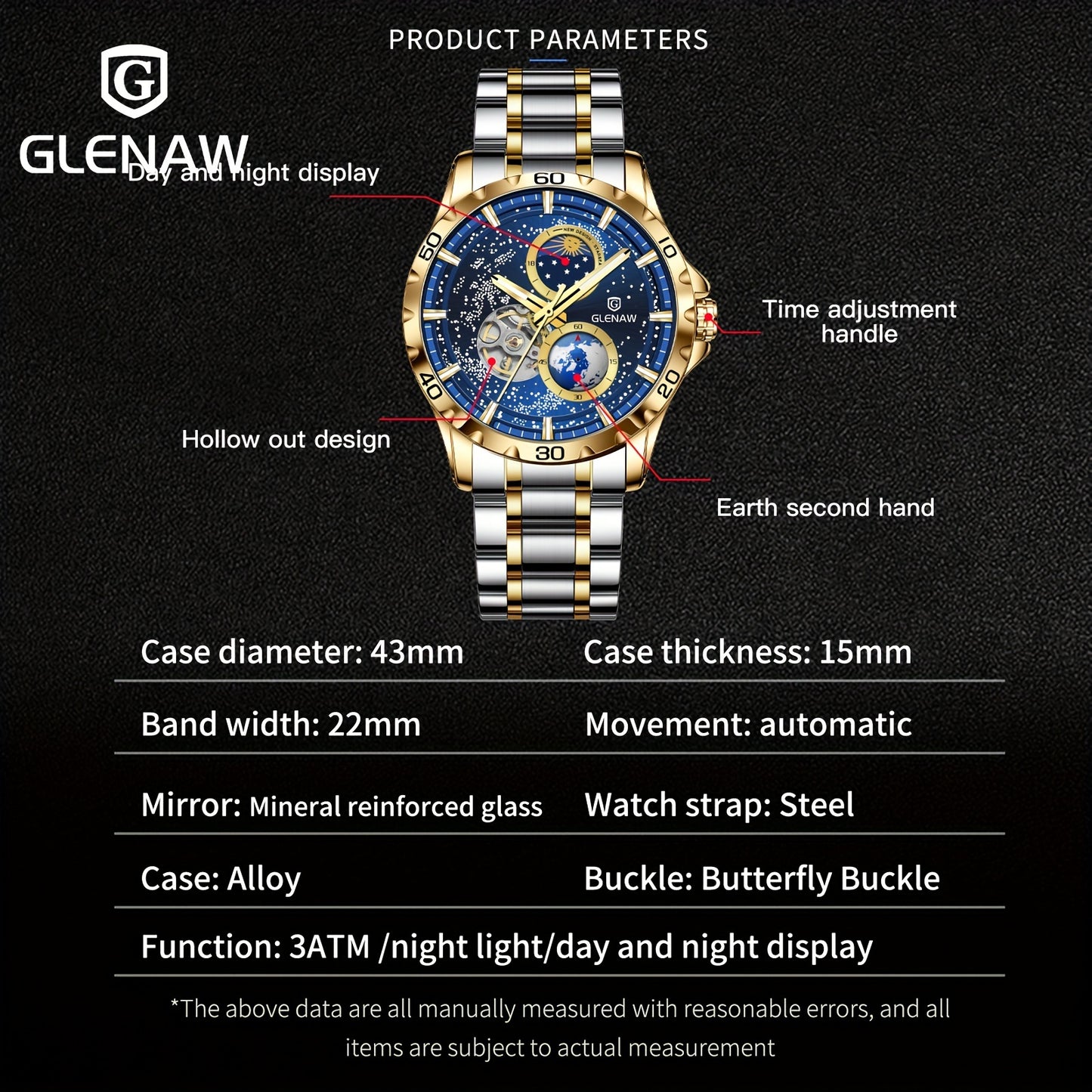 Automatic Watches for Men, Rotating Earth Multifunctional Men's Mechanical Watch Starry Sky Dial Steel Band Stopwatch Sun Moon Stars Automatic Men's Watch