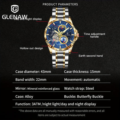Automatic Watches for Men, Rotating Earth Multifunctional Men's Mechanical Watch Starry Sky Dial Steel Band Stopwatch Sun Moon Stars Automatic Men's Watch