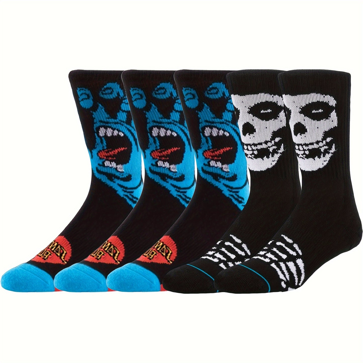 5pairs Men's Breathable Sweat Absorbing Crew Socks With Skull Faces Print, Novelty Socks