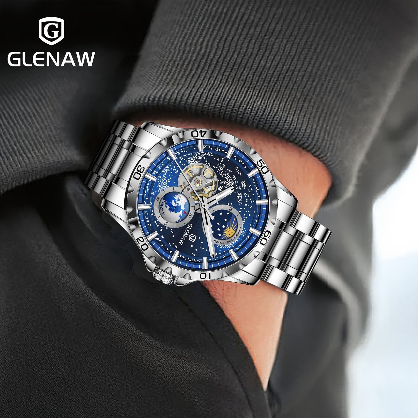 Automatic Watches for Men, Rotating Earth Multifunctional Men's Mechanical Watch Starry Sky Dial Steel Band Stopwatch Sun Moon Stars Automatic Men's Watch