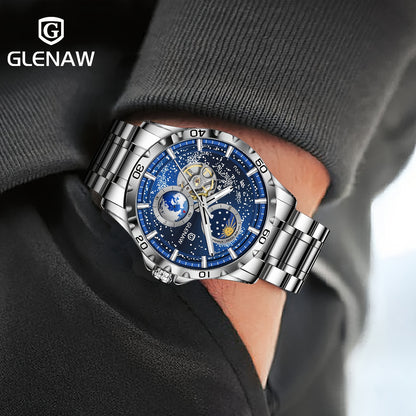 Automatic Watches for Men, Rotating Earth Multifunctional Men's Mechanical Watch Starry Sky Dial Steel Band Stopwatch Sun Moon Stars Automatic Men's Watch