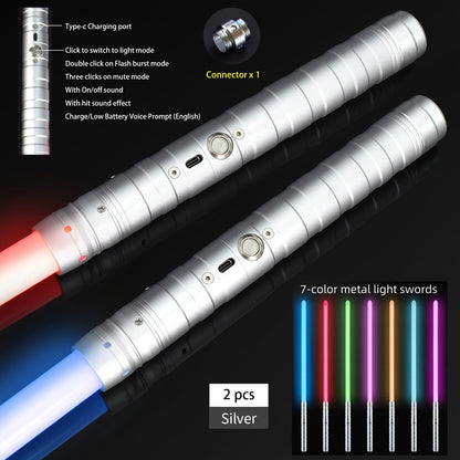 Rechargeable Light Sword, Upgraded Version 7 Colors Metal Handle, 1800mAh 18650 Series Lithium Battery, Aluminum Alloy Material, 2-in-1 with 3 Sound Effects, Light Grey, Black, Golden, Silvery Grey, USB Charging, ≤36V Opera
