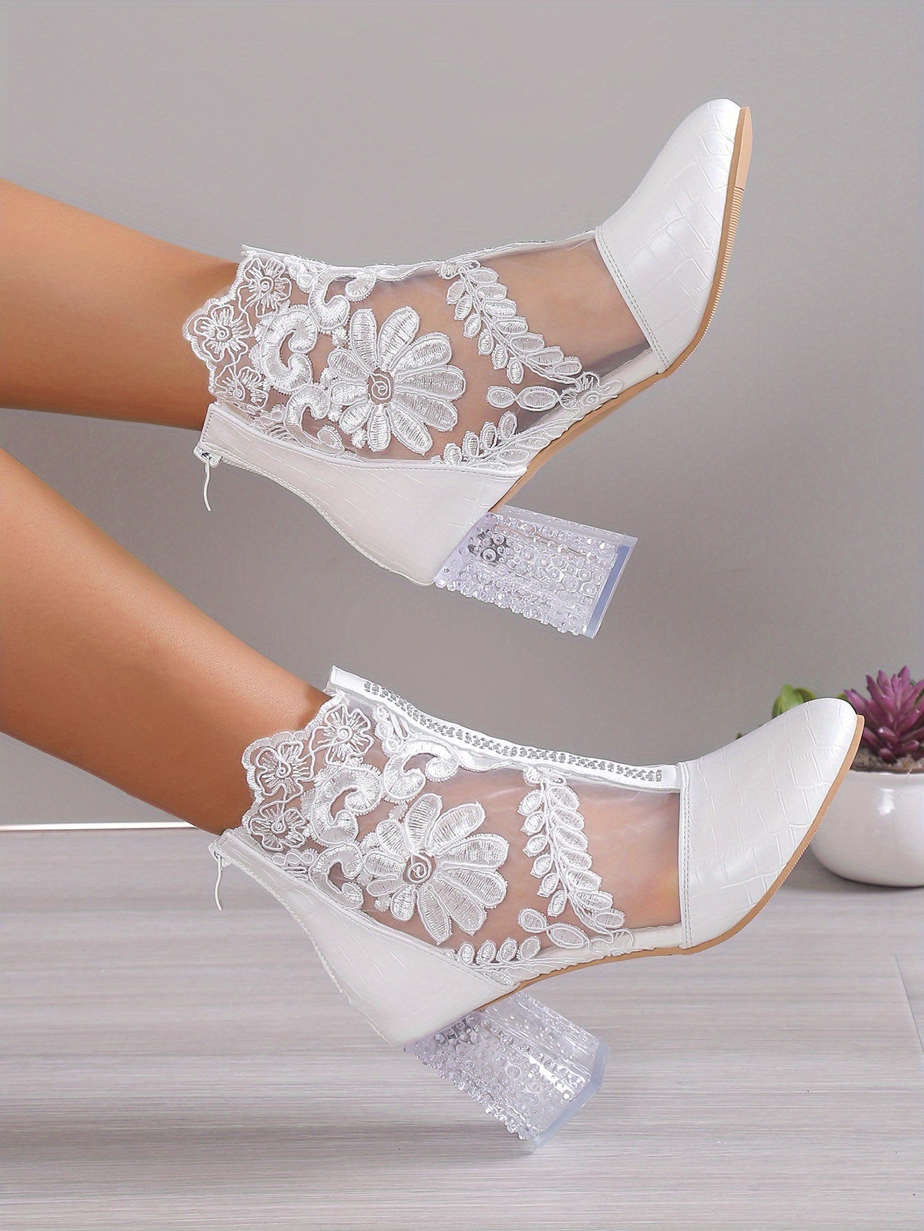 Women's Floral Print Lace Ankle Boots, Back Zipper Square High Heel Shoes, Round Toe Shoes