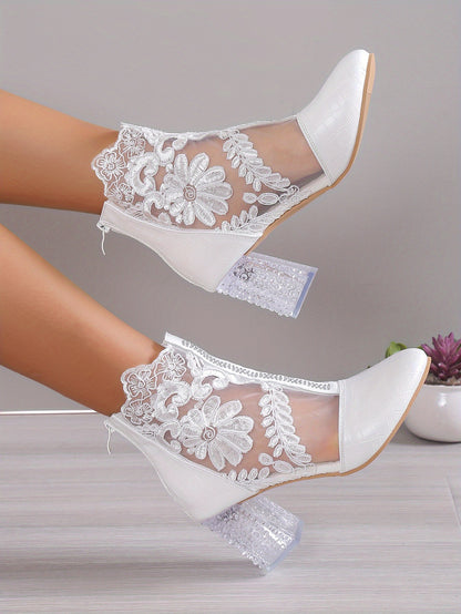 Women's Floral Print Lace Ankle Boots, Back Zipper Square High Heel Shoes, Round Toe Shoes