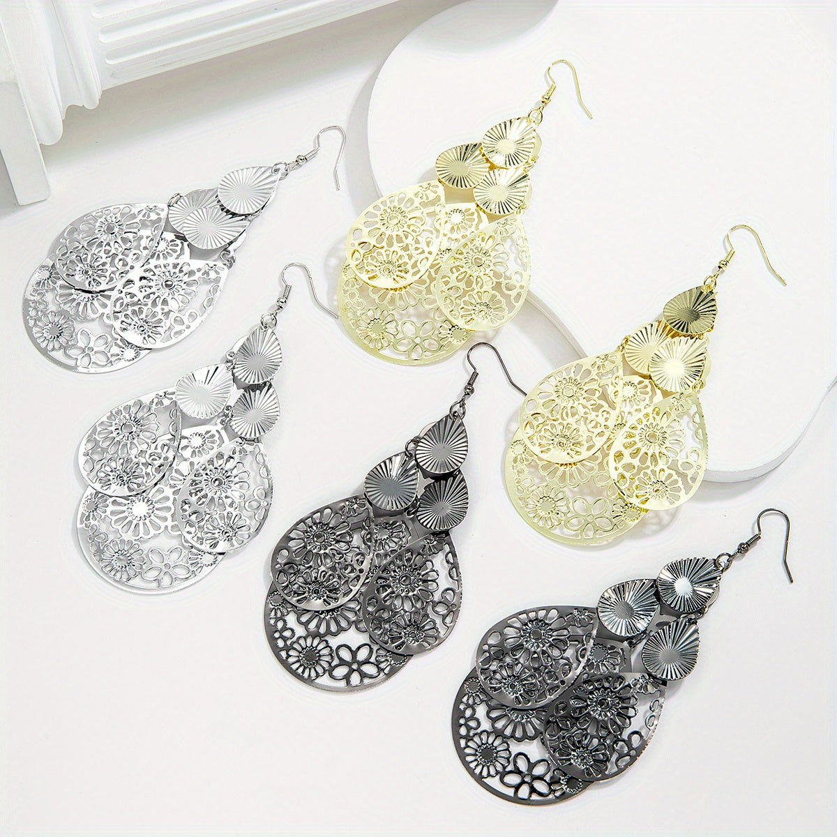 Vintage Hollow Multi-layer Waterdrop Long Earrings For Women Jewelry Gifts 1Pair