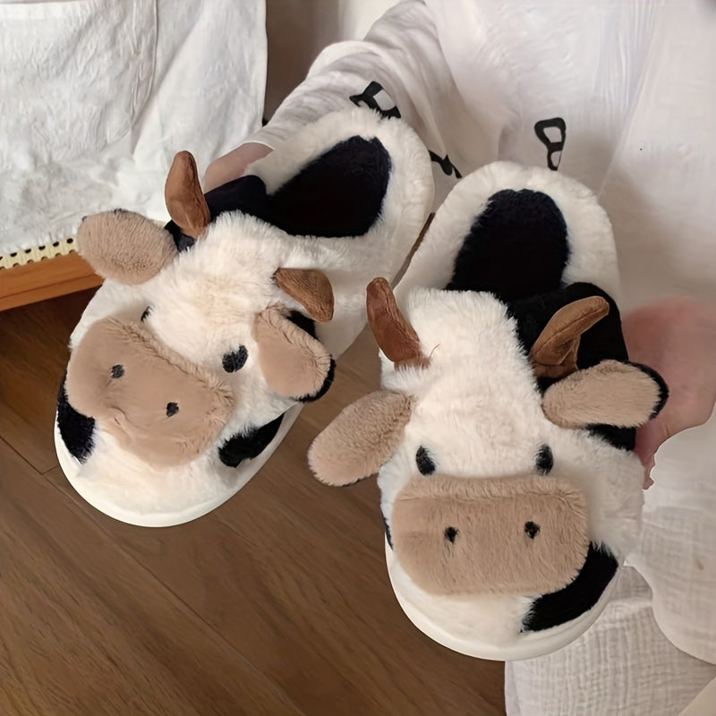Women's Cartoon Cute Cow House Slippers, Warm Plush Lined Closed Toe Fuzzy Home Slides, Women's Comfy Indoor Shoes