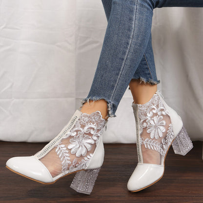 Women's Floral Print Lace Ankle Boots, Back Zipper Square High Heel Shoes, Round Toe Shoes