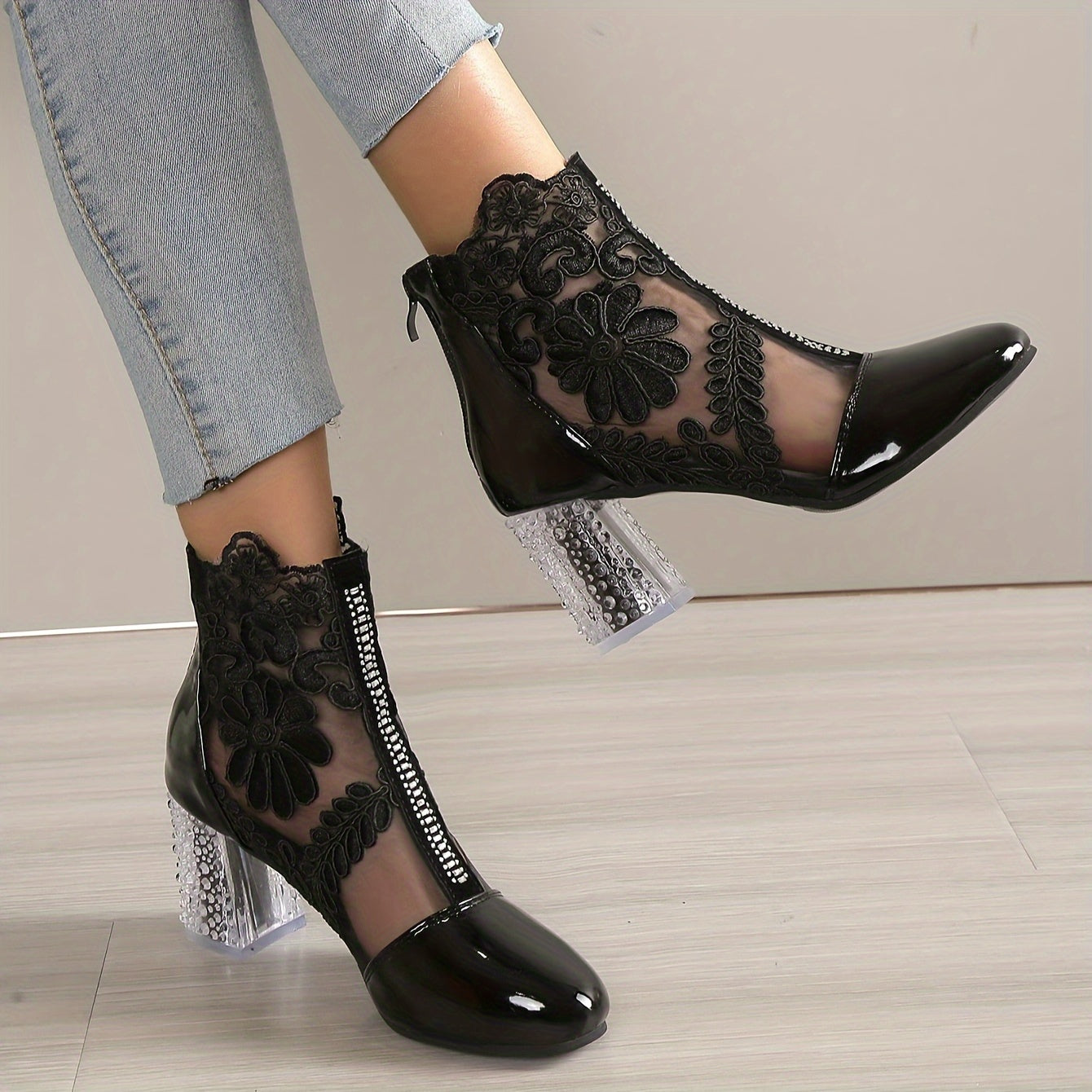 Women's Floral Print Lace Ankle Boots, Back Zipper Square High Heel Shoes, Round Toe Shoes