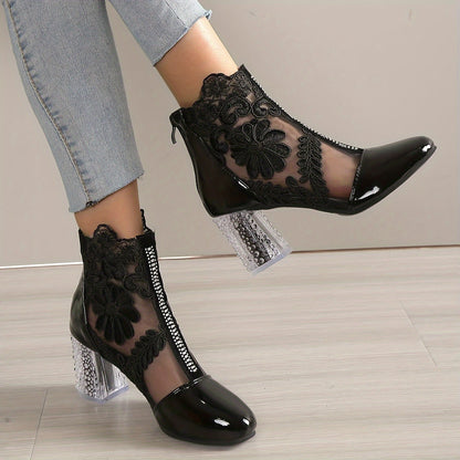 Women's Floral Print Lace Ankle Boots, Back Zipper Square High Heel Shoes, Round Toe Shoes