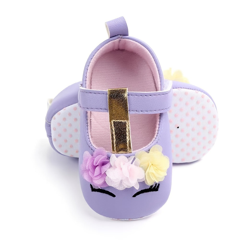 Adorable Baby Girls Cartoon Unicorn Crib Shoes - Flexible Fabric Sole, Hook-and-Loop Fastener, Mesh Flower Embellishment, Breathable for Spring and Autumn Walking