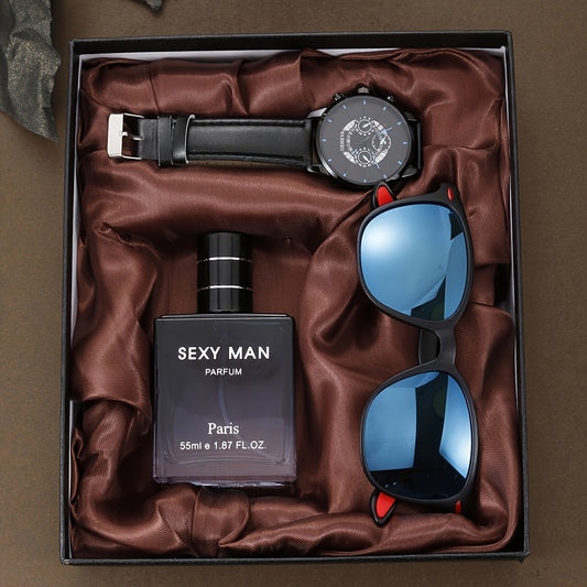 3pcs/set, Stylish Men's Watch, Glasses and Perfume Gift Box Set - Trendy Accessories for Him - Perfect Present for Father, Boyfriend or Husband