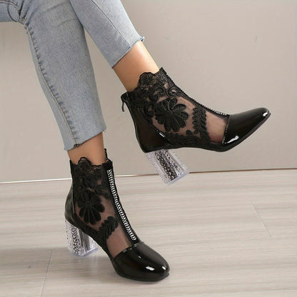 Women's Floral Print Lace Ankle Boots, Back Zipper Square High Heel Shoes, Round Toe Shoes